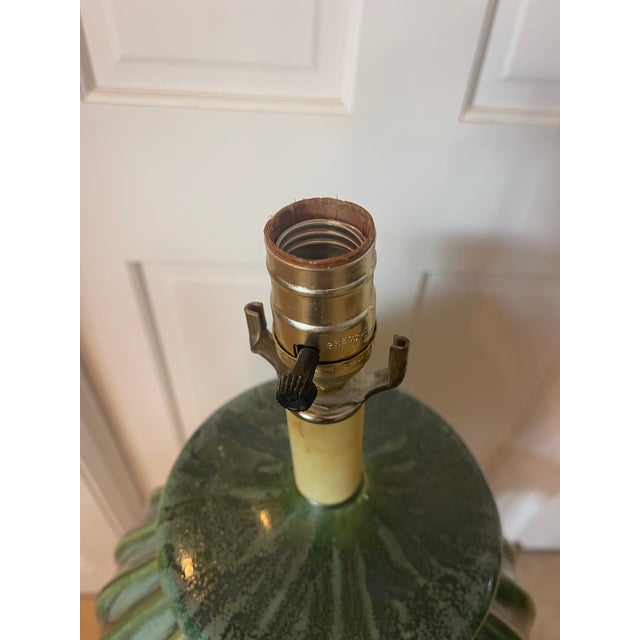 Vintage Large Mid Century Modern Ribbed Green Drip Glaze Ceramic Table Lamp For Sale - Image 10 of 11