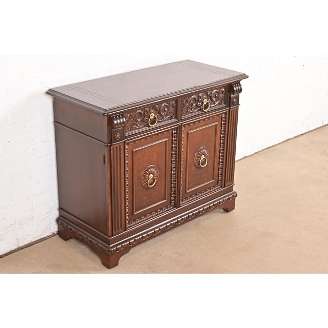 1920s Berkey & Gay Antique English Tudor Carved Walnut and Burl Wood Bar Cabinet, Newly Refinished For Sale - Image 5 of 15