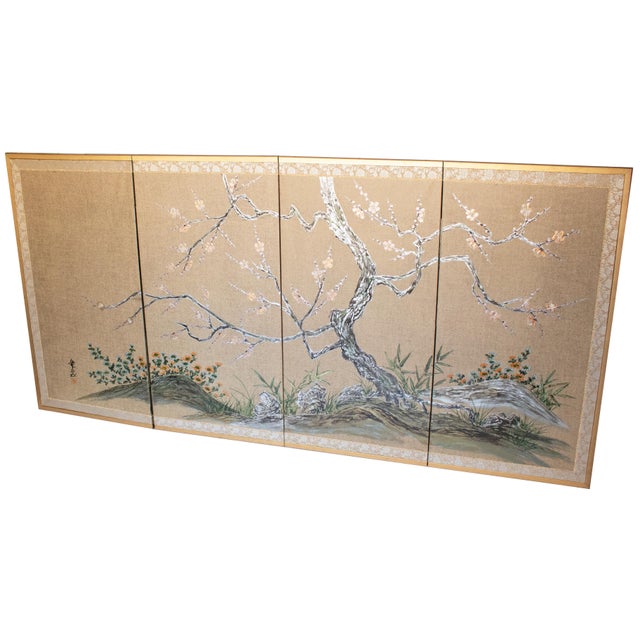 Japanese Showa Era C. 1970s Japanese Maki-E Byobu Screen "Blossoming Sakura and Asters" For Sale - Image 3 of 18