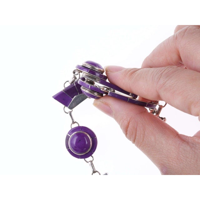 Julius Manuelito Southwestern Sterling Purple Stone Channel Inlay Necklace and e For Sale - Image 4 of 7