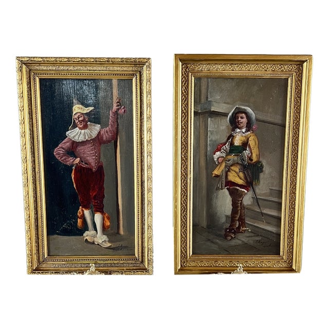 Costumed Portraits, 19th Century, Oil Painting on Panel, Framed, Set of 2 For Sale