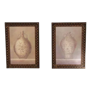 Vintage Antiqued Urn Vase Art Prints, Custom Framed - A Pair