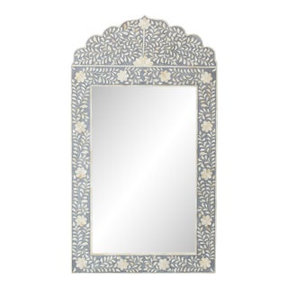 Blue-Gray Floral Bone Inlay Mirror With Scalloped Arch – Indian Handcrafted Wall Mirror For Sale