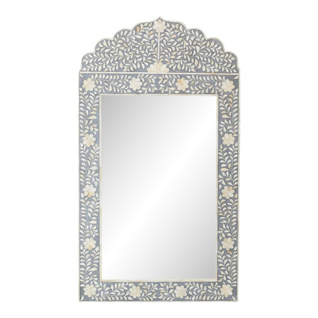 Blue-Gray Floral Bone Inlay Mirror With Scalloped Arch – Indian Handcrafted Wall Mirror For Sale