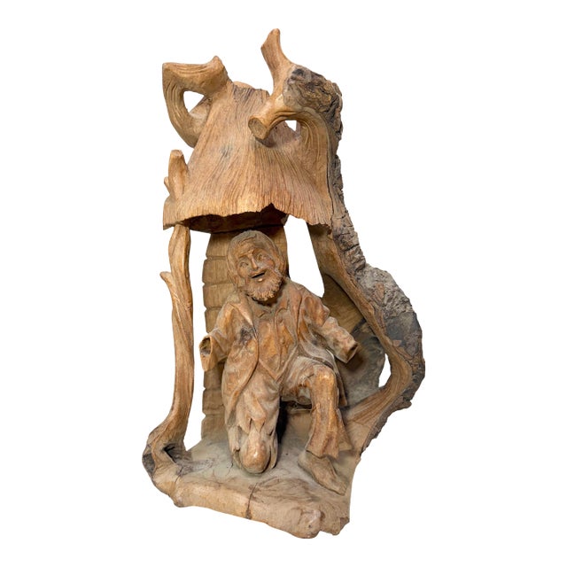 Antique Hand Carved German Tree Trunk Figural Folk Art Sculpture Statue Carving For Sale