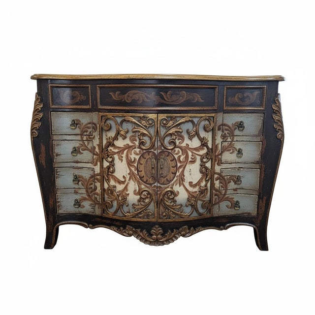 Victorian French Style Hand Painted Bathroom Vanity With Marble Top and Sink For Sale - Image 3 of 9