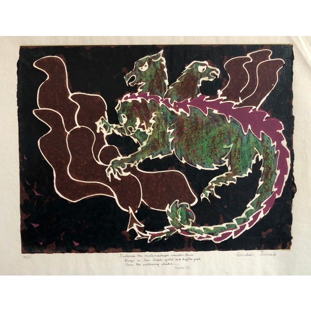 1960s Vintage Vibrant Mod Mythological Dragon Psychedelic Woodblock Woodcut Print, c.1960-1970s For Sale - Image 5 of 6