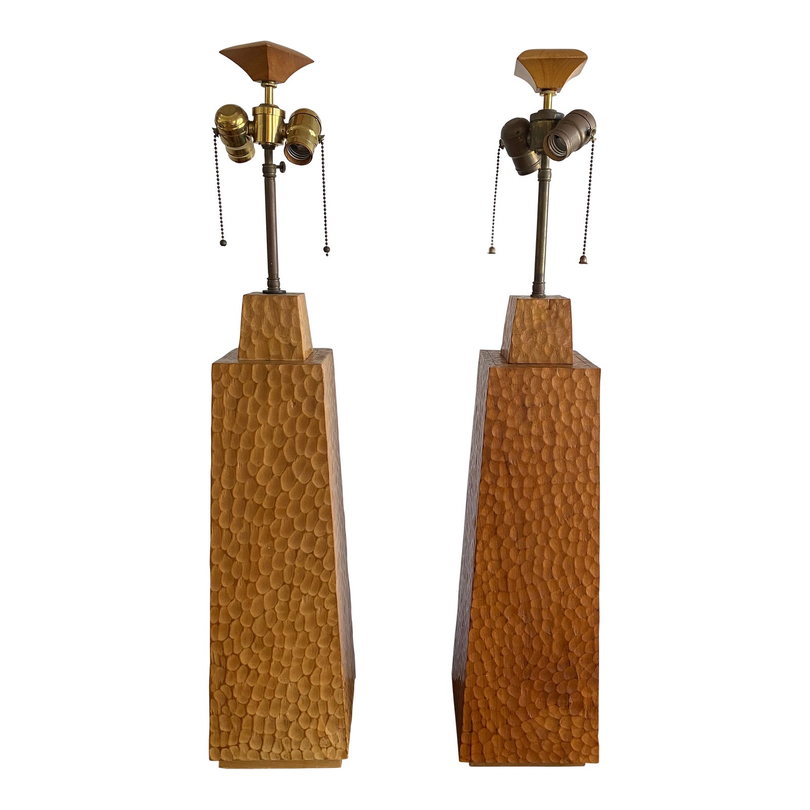 Monumental obelisk form architectural wooden table lamps a pair