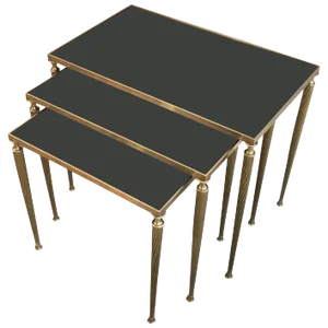 Set of Black Glass and Brass Nesting Tables in the Style of Maison Jansen