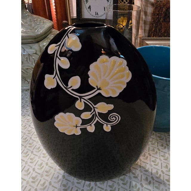 Vintage Embossed Black High Gloss Vase For Sale - Image 4 of 5