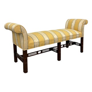 Vintage Chippendale Style Mahogany-Finish Rolled Arm Upholstered Window Bench For Sale