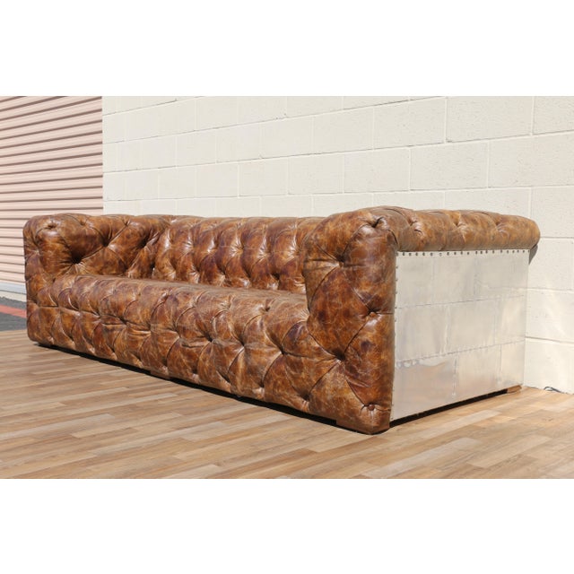 Brown Industrial Aviator Chesterfield Sofa in Distressed Brown Leather & Riveted Aluminum Panels For Sale - Image 8 of 18