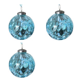 Vintage Oversized Aqua and White Glass Christmas Ornaments - Set of 3 For Sale