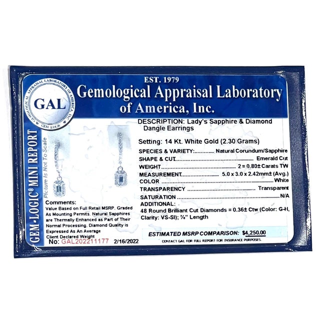 Natural Sapphire Diamond Dangle Earrings 14k WG 1.16 TCW Certified For Sale - Image 9 of 12