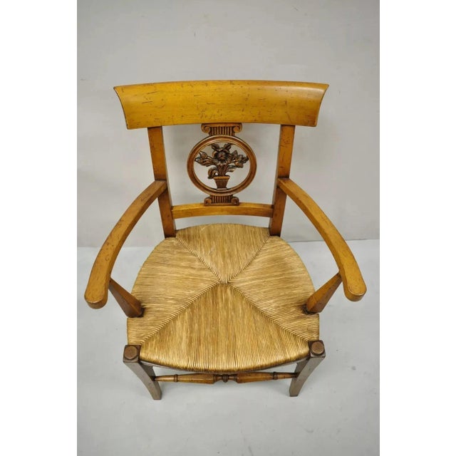Late 20th Century Vintage French Country Cherry Wood Italian Distressed Rush Seat Dining Arm Chair For Sale - Image 4 of 12
