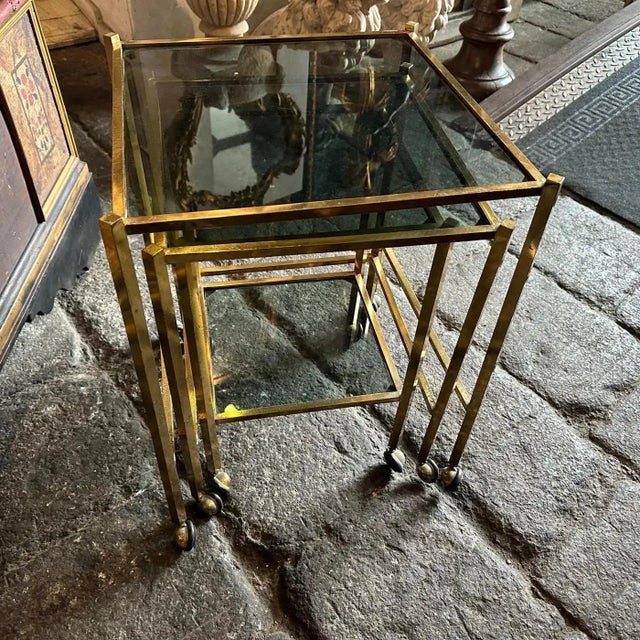 1960s Mid-Century Modern Set of Three Brass and Smoked Glass Nesting Tables For Sale - Image 4 of 9