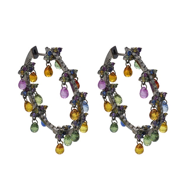Contemporary Contemporary Diamond Multicolored Stone 18k White Gold Hoop Earrings, Pair For Sale - Image 3 of 5