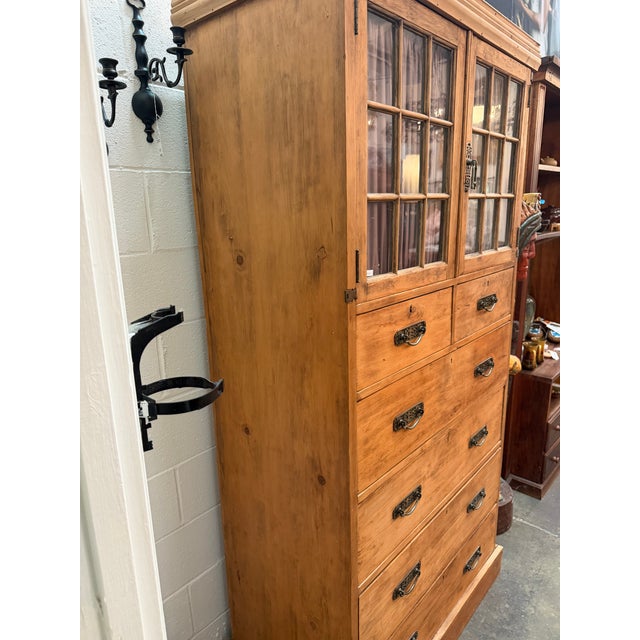 Victorian Vintage Pine Cabinet With Paned Glass Doors For Sale - Image 3 of 9