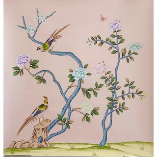30"*30", Hand-Painted Chinoiserie Pink Silk-Paper, Chinoiserie Wall Artwork For Sale