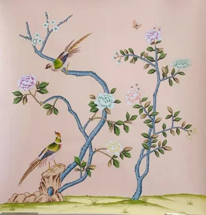 30"*30", Hand-Painted Chinoiserie Pink Silk-Paper, Chinoiserie Wall Artwork