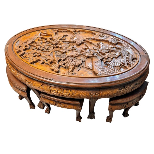 Asian Mid-Century Hand-Carved Asian Nesting Coffee Table With 6 Stools, C. 1950s Opium Table For Sale - Image 3 of 10