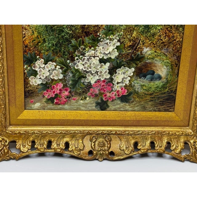 Antique Victorian Still Life Oil Painting by Oliver Clare, Signed Floral Blossom & Bird’s Nest With Blue Eggs, c.1880, Ornate Gilt Frame For Sale - Image 17 of 18