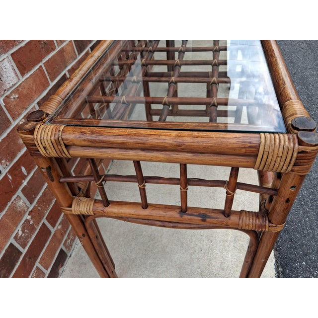 Brown Large Mid Century Boho Chic Rattan Console Table With Glass Top. For Sale - Image 8 of 10