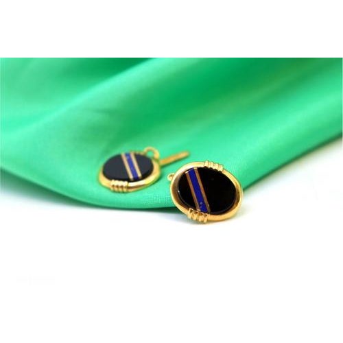 Gold Cufflinks with Blue Stripe Reliefs on Oval Onyx, Set of 2 For Sale - Image 6 of 8