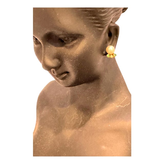Akoya Pearl Stud Earring with Tiny Diamond & Emerald in 18 Karat Yellow Gold For Sale
