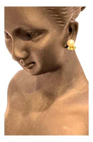 Akoya Pearl Stud Earring with Tiny Diamond & Emerald in 18 Karat Yellow Gold