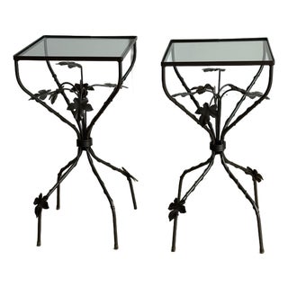 Vintage Sculptural Wrought Iron Ivy Leaf Glass-Top Side Tables by Scully & Scully – Pair For Sale