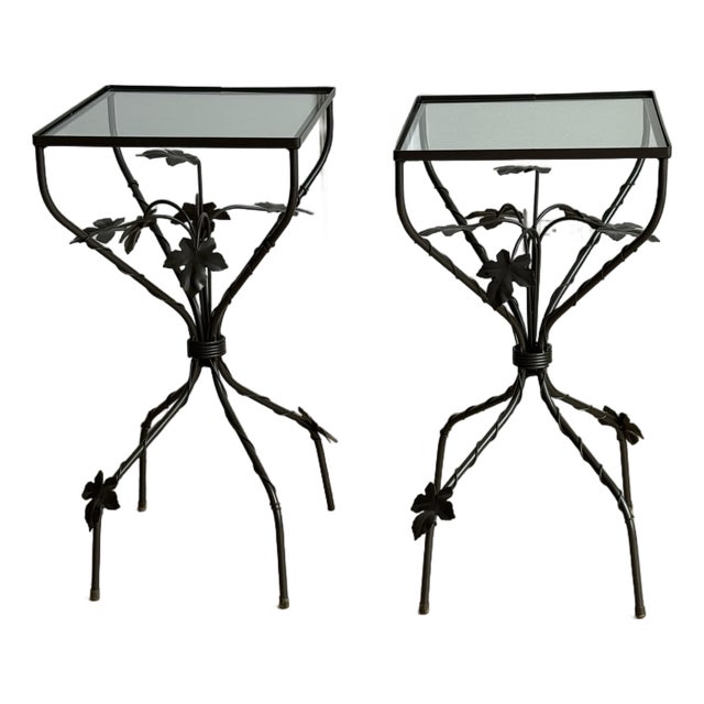 Vintage Sculptural Wrought Iron Ivy Leaf Glass-Top Side Tables by Scully & Scully – Pair For Sale