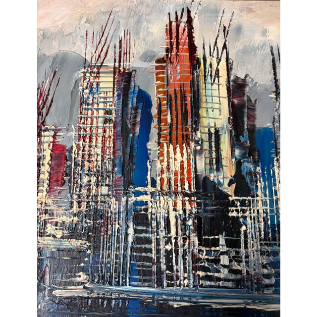 Mid century oil painting on board in original frame and signed and dated by the artist, Katz 1985. The frame is a silvery...