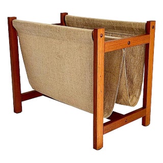 Mid 20th Century Danish Teak Wood and Linen Magazine Rack, Kai Kristiansen for Sika Mobler For Sale