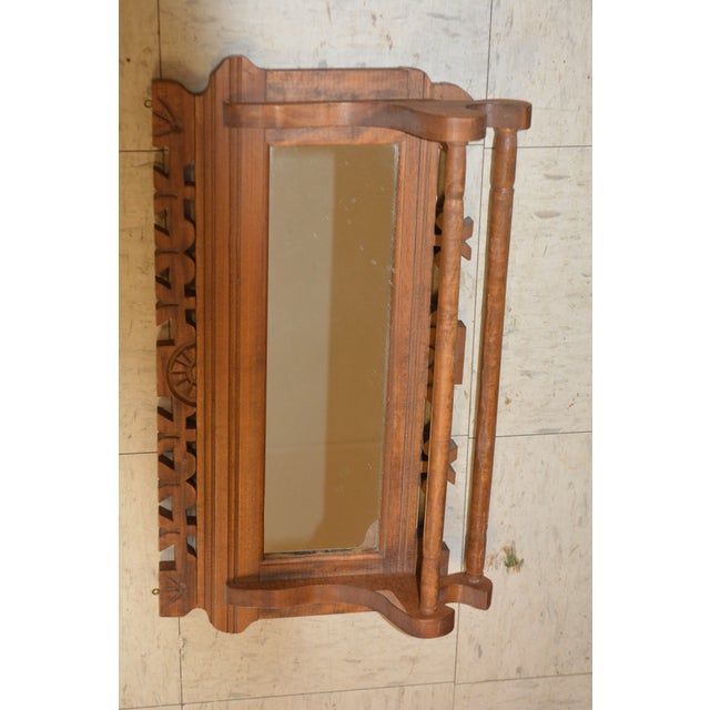 Burnt Umber Early 20th Century Victorian Eastlake Oak Wood Shaving / Wall Mirror With Double Towel Bars / Rails For Sale - Image 8 of 12