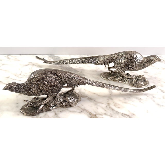 Mid 20th Century Pair of Large Silverplated Bronze Pheasant Table Ornament/ Sculptures For Sale - Image 5 of 12