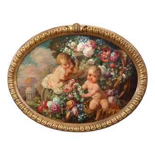 G. Ceragioli, Cherubs with Flowers, Oil Painting on Board, Early 20th Century, Framed For Sale