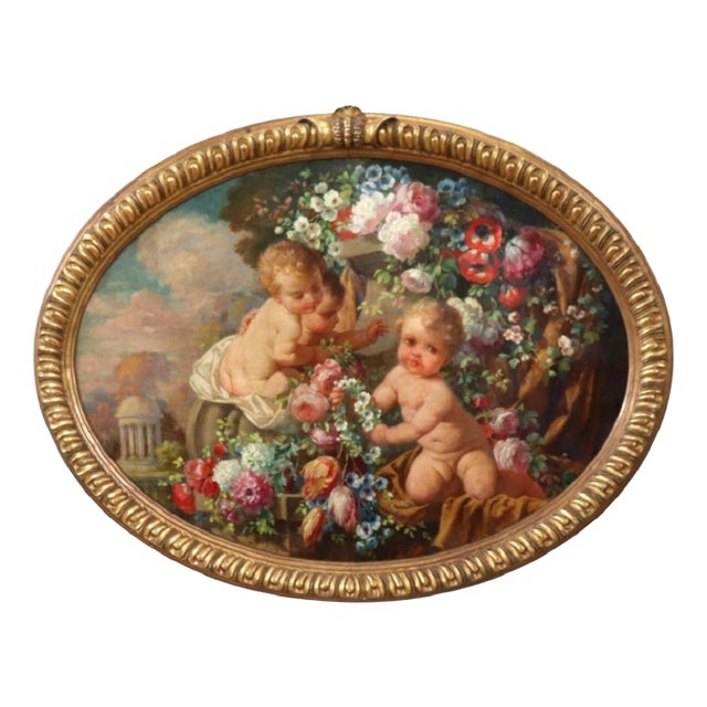 G. Ceragioli, Cherubs with Flowers, Oil Painting on Board, Early 20th Century, Framed For Sale
