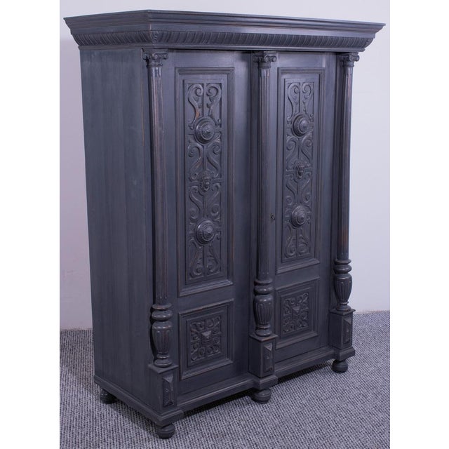 Large Three-Column Grey Pine Wardrobe with Carved Fronts, 1895 For Sale - Image 17 of 17