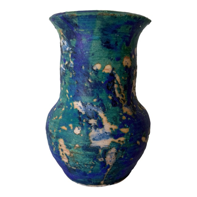 Vintage 1980s Studio Pottery Blue & Green Drip Glaze Vase For Sale