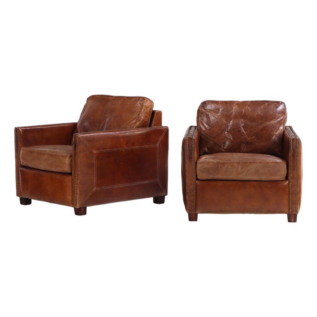 A Pair of French Leather Club Chairs, C. 1980. For Sale