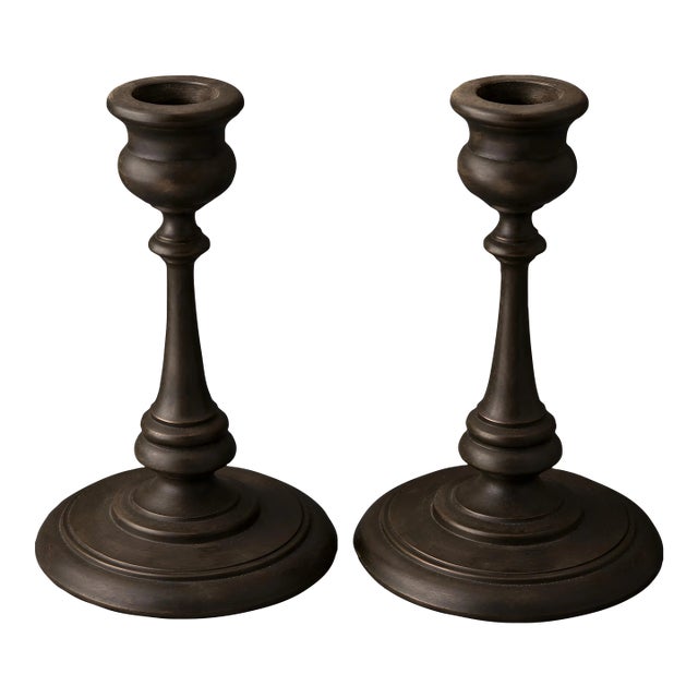 Antique Wood Hand-Carved Candlestick Holders Victorian Gothic Decor For Sale