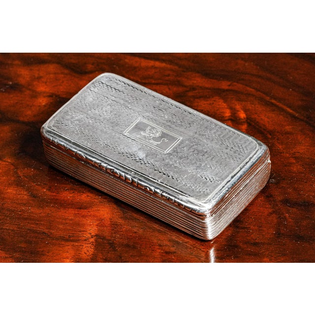 19th Century Neat English Antique Sterling Silver Table Snuff Box Lion Armorial Coat of Arms Crest Tobacciana For Sale - Image 5 of 14