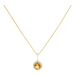 10K Yellow Gold Orange Citrine and 1/10 Cttw Diamond Accent Halo Pendant Necklace For Sale