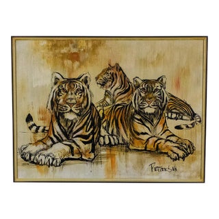 Mid-20th Century Mid-Century Modern Large Resting Tiger Canvas Painting by Pettersen Black and Gold Frame For Sale