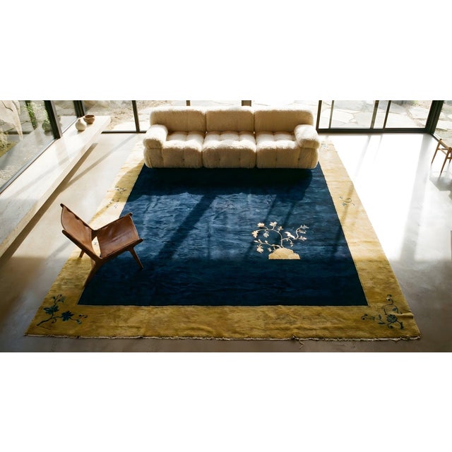 Navy Blue 1920s Navy Open Field Art Deco Modern Antique Chinese Peking Knotted Wool Rug For Sale - Image 8 of 9