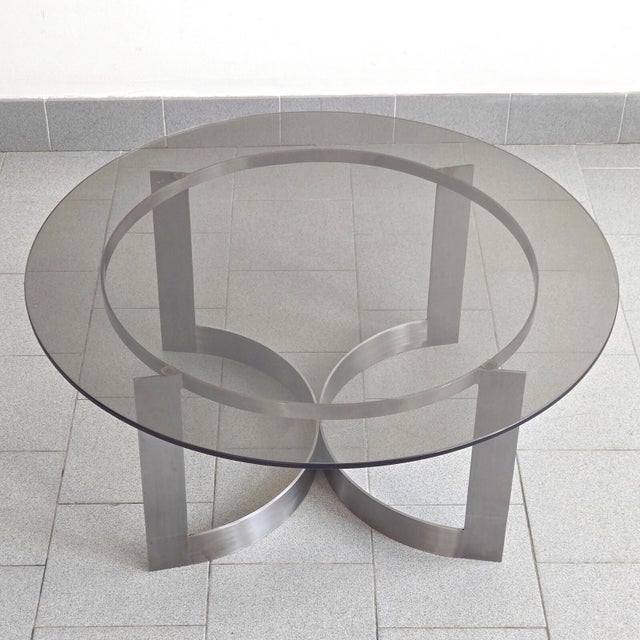 1970s Vintage Coffee Table in Brushed Steel and Smoked Glass, 1970s For Sale - Image 5 of 14