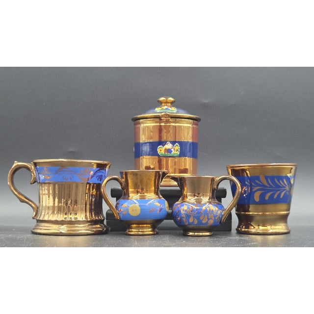 English 19th Century English Copper Lustreware Cobolt Blue Enamel Bands & Hand-Painterd Motifs 6 Piece Set For Sale - Image 3 of 18
