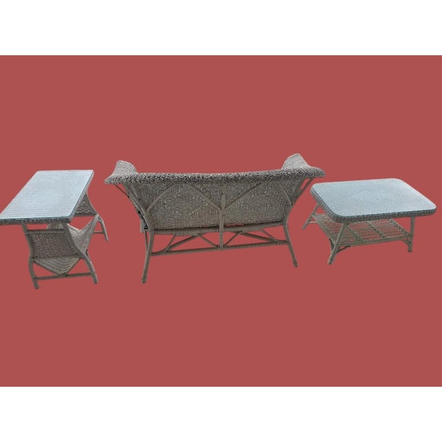 Vintage Coastal White Wicker 7-Piece Conversation Set With Loveseat, Four Chairs & Glass Top Tables For Sale - Image 6 of 11