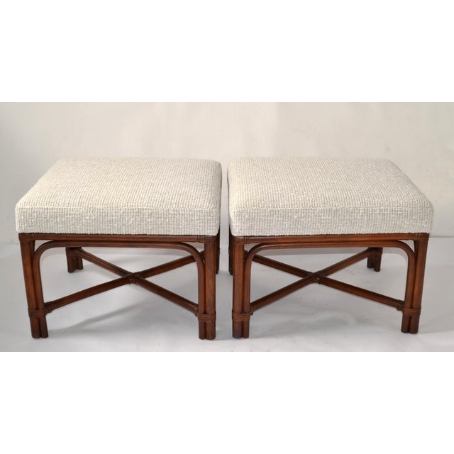Mid-Century Modern Pair of 1970s McGuire Attributed Bamboo Wood Bouclé Fabric Upholstery Ottomans Mid-Century Modern For Sale - Image 3 of 13